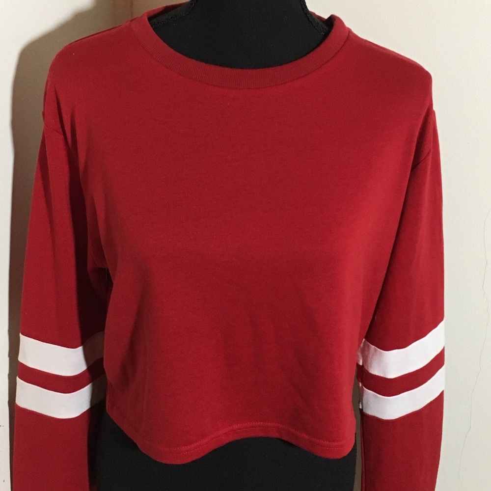SHEIN Burgundy Varsity Striped Long Sleeve Crop Top Shirt